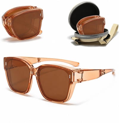 Overzet zonnebril voor brildragers- Opvouwbare Zonnebril over Bril - Polariserend UV400 - Fit Over Brildragers - Luxe Oversized Model - 151x54mm - 28g - Met Brillenkoker - Bruin