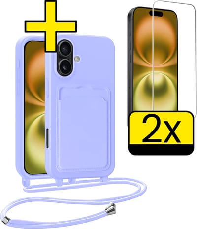 Hoesje Geschikt voor iPhone 16 Telefoonhoesje Met Koord Case Pashouder Met 2x Screenprotector Siliconen - Hoes Geschikt voor iPhone 16 Hoesje Met Kaarthouder - Lila