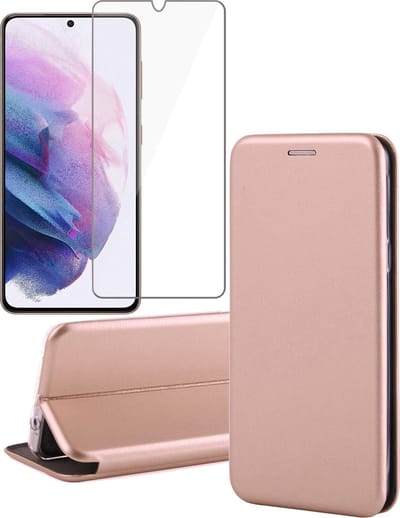 Hoesje geschikt voor Samsung Galaxy S21 - Screen Protector GlassGuard - Book Case Kunstleer ThinShield Roségoud & Screenprotector
