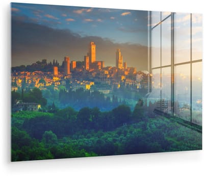 ® Glasschilderij 180x120 cm - Schilderij acrylglas - Zonsopkomst boven San Gimignano bij Toscane in Italië - Foto op glas - Muurdecoratie woonkamer - Wanddecoratie slaapkamer - Schilderijen
