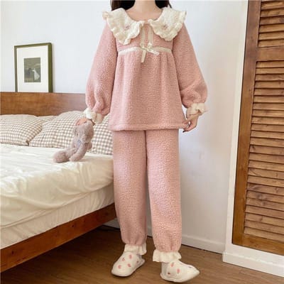 Schattige Pyjama Set in Koreaanse Stijl voor Dames Winter Warm Zacht Lieflijk Poppenkraag Roze Blauw Nachtkleding Meisje Lange Mouw Huispak PJ Pak 2XL gray