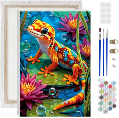 Dailygoods- Schilderen op Nummer Kleurrijke Gecko - Schilderen voor Volwassenen - Olieverfschilderijset - Inclusief 3 Penselen - 20 x 30 cm - Met Lijst - Doe-het-zelf Schilderij