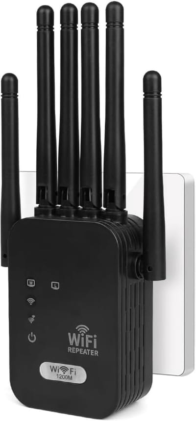 Thijox - Krachtige WiFi-repeater met 6 antennes, 1200 Mbps, WiFi-versterker met 2 LAN-poorten, dekking tot 250 m², ideaal voor thuis en kantoor (zwart