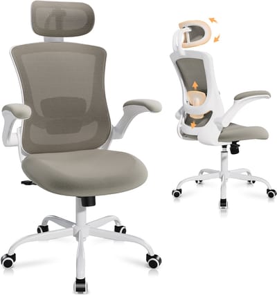 COLAMY Bureaustoelen – Ergonomische bureaustoel – Hoge mesh rugleuning – verstelbare lendensteun en hoofdsteun – opklapbare armleuningen – Khaki