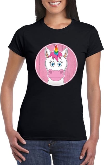 Dames t-shirt zwart met vrolijke eenhoorn print - eenhoorns shirt S