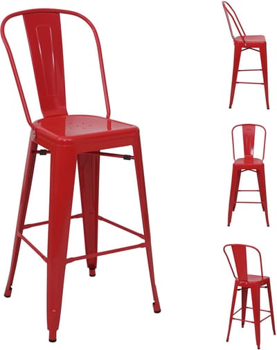 Set van 4 barkrukken MCW-A73, barkruk met rugleuning, metalen industrieel ontwerp ~ rood