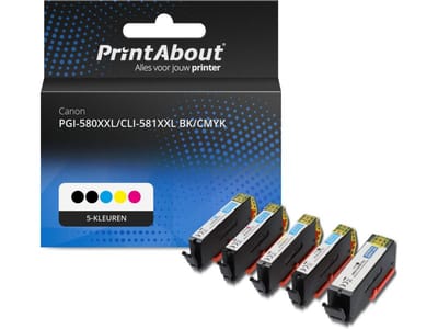 PrintAbout huismerk Inktcartridge PGI-580XXL/CLI-581XXL BK/CMYK 5-kleuren Multipack Extra hoge capaciteit Geschikt voor Canon