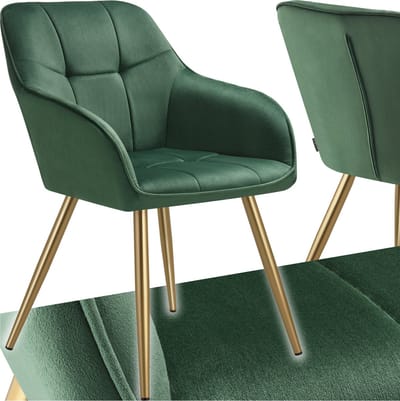 tectake® Eetkamerstoel Marilyn - Gestoffeerde Stoel in Fluweellook - Gecaptioneerd - Zwarte Stoelpoten - Ergonomische Keukenstoel - Met Doorlopende Rugleuning en Armleuningen - Stoel voor Woonkamer, Eetkamer, Slaapkamer - Groen