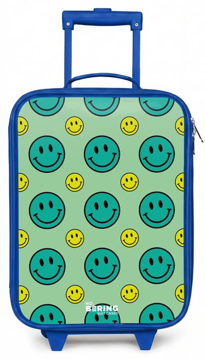 NoBoringSuitcases.com® - Kinderkoffer blauw - Kindertrolley jongen - All smiles groen - Koffer kind lichtgewicht - Reiskoffer trolley voor kinderen - Koffertje met lichtgevende wieltjes - Rolkoffer