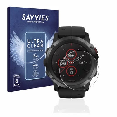 Savvies - Screenprotector voor Garmin Fenix 5X Plus (51 mm) - Folie Beschermfolie transparant 6 Stuks