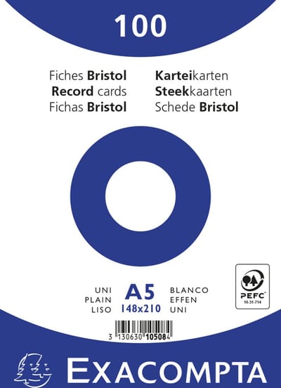 Exacompta 10x Pak 100 steekkaarten in folie - bristol effen niet geperforeerd - 148x210mm - Wit - 10508E