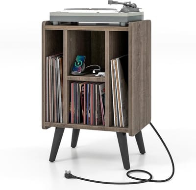 COSTWAY Draaitafel standaard met laadstation, vinylplaten, draaitafel tafel met 4 open planken, vinylplaatstandaard vintage, bijzettafel voor woonkamer kantoor, 43 x 34,5 x 67,5 cm (grijs)