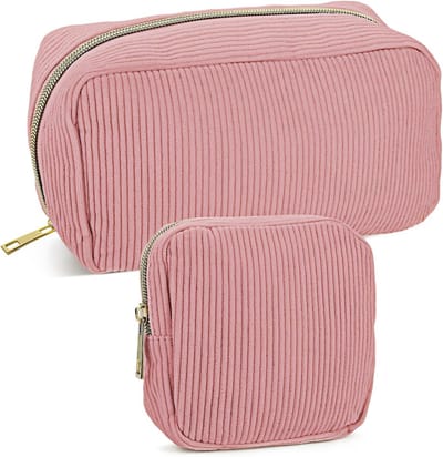 Cosmetica Organizer Set van 2 Stuks, Corduroy Make-up Tas met Compartimenten, Draagbare en Kleine Make-up Tas met Metalen Rits in Roze voor Vrouwen en Meisjes