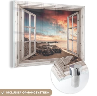 MuchoWow® Glasschilderij 60x40 cm - Schilderij acrylglas - Doorkijk - Strand - Zee - Foto op glas - Schilderijen