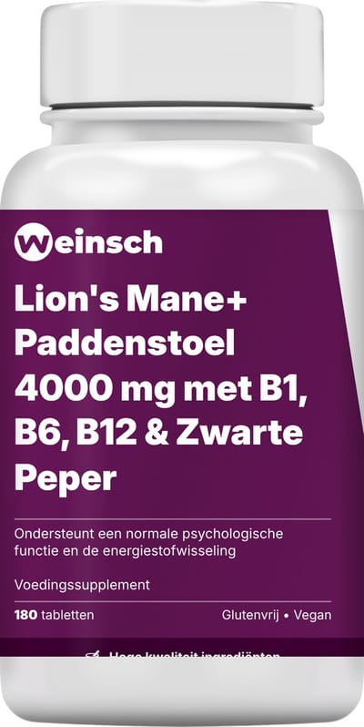 Weinsch Lion's Mane+ Paddenstoel 4000 mg met B1, B6, B12 & Zwarte Peper | 494mg | 180 tabletten