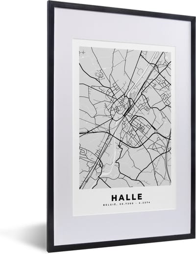 Fotolijst incl. Poster Zwart Wit- België – Halle – Stadskaart – Kaart – Zwart Wit – Plattegrond - 40x60 cm - Posterlijst