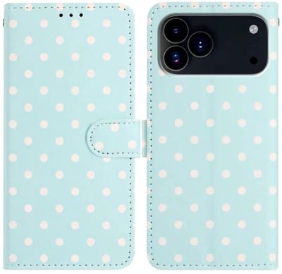 Hoesje Geschikt voor Apple iPhone 17 Pro | Polka Dot Wallet Book Case | Portemonnee Hoesje | 3 Pasjes | Magneetsluiting | Stand Functie | Blauw