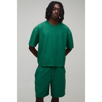Oversized Shrunken Jacquard Gestreept T-shirt & Baggy Shorts Set | Green | Size XS