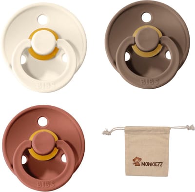 Bibs fopspeen | Met Monkiezz Speenzakje - maat 1 0-6 maanden - 3 stuks - Dark Oak - woodchuck - ivory white