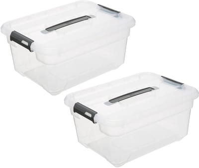 5Five opberg kist met deksel - 2x - Solutions Box - 13 liter - 39 x 29 x 19 cm - kunststof - transparant
