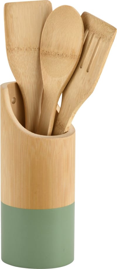 Kesper Keukengerei lepels set 3-delig - 31 cm - in houder - bamboe - lichtbruin/groen - Pollepels - Spatels - Keukenspatels