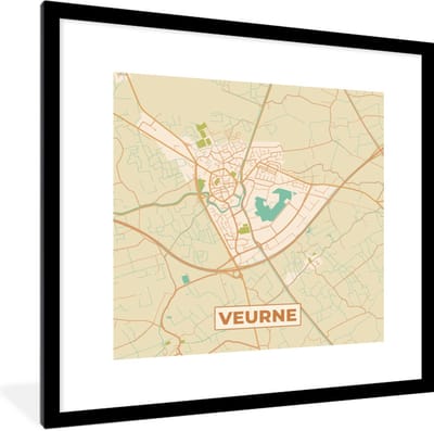 Fotolijst incl. Poster - Plattegrond - Kaart - Stadskaart - België - Veurne - 40x40 cm - Posterlijst