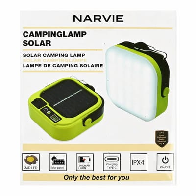 Narvie Solar Campinglamp – Oplaadbare LED Campinglantaarn – Solar & USB-C – 2400 mAh – IPX4 – Groen/Zwart