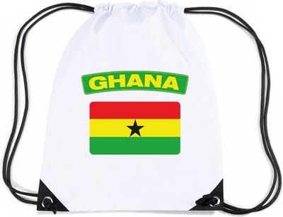 Ghana thema sporttas - nylon rijgkoord rugzak - wit met vlag print - supporters - 11 liter - 45 x 34 cm