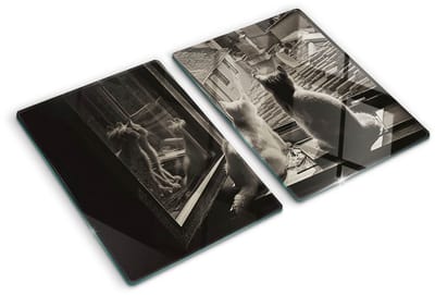Tulup Glazen Snijplank - Zwart en wit Katten in het raam Serveerplank van glas - SET van 2 STUKS 40 x 52 cm - Dienblad-UV Gelaagd Glas Serveerplanken-Snijplanken Glas-Snijplanken van Glas-Keukengerei