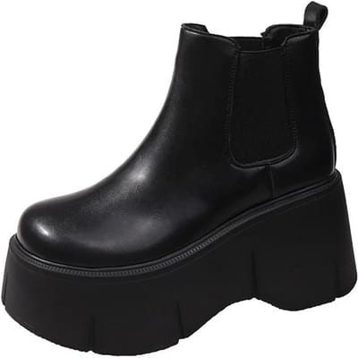 8CM Hakken Winter Dames Leer Chunky Enkellaarsjes Herfst Hoge Platform Laarzen Vrouw Dikke Zool Antislip Motorlaarsjes 34 black