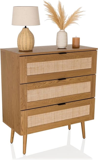 Commode 80 x 40 x 90 cm met 3 Laden en Rotan Fronten – Bohemian Ladekast met Veel Opbergruimte in Eiken Look – Abkantoor