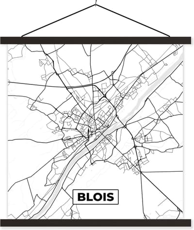 Posterhanger incl. Poster 60x60 cm - Schoolplaat - Stadskaart - Blois - Plattegrond - Kaart - Frankrijk - Zwart wit - Textielposter - Zwarte latten - Stadskaart