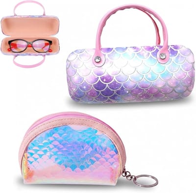 Handige glazen etui met handvat, vis schubben design, multifunctioneel voor brillen, cosmetica, munten en sleutels, roze kleur