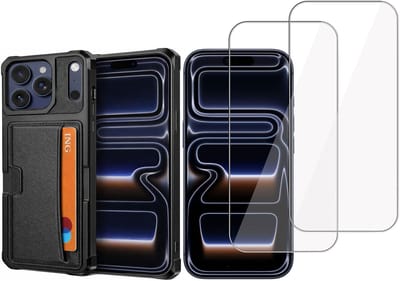 Pasjes Houder Hoesje & 2x Screenprotector geschikt voor iPhone Pro Hoesje Screenprotector - Gehard Glas Cover + Heavy Duty Case - Magnetisch Portemonnee Hoesje Cover - Zwart