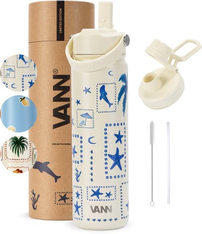 VANN® RVS Drinkfles 650 ML met rietje voor volwassenen – 3-Wandig – Met 2 doppen – Thermosfles – 12 uur warm/24 uur koud – VANN Vibe Botte Blue Summer