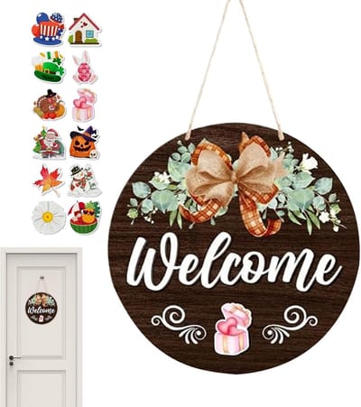 Welkom Deurbord - Decoratief Hangbord - Seizoensdecoratie - Verwisselbare Accessoires - 30 cm Rond - Donkerbruin
