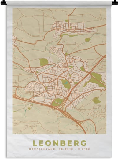 Wandkleed - Wanddoek - Plattegrond - Vintage - Leonberg - Kaart - Stadskaart - 120x180 cm - Wandtapijt
