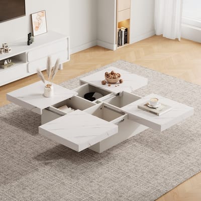 DESMIU Salontafel - Vier Lades En Schuifbaar Blad - Moderne Woonkamer En Dagelijks Gebruik - Spaanplaat - Wit - 90 X 90 X 25 Cm
