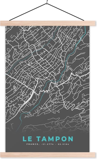 Posterhanger incl. Poster 40x60 cm - Schoolplaat - Stadskaart – Frankrijk – Kaart – Le Tampon – Plattegrond - Textielposter - Blanke latten - Stadskaart