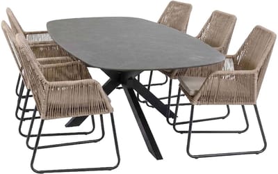 7-delige tuinset | 6 Mona tuinstoelen | Tuintafel Barletta 240x115cm | Sand & Black Desert Pearl
