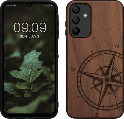 kwmobile telefoonhoesje geschikt voorSamsung Galaxy A15 5G - Hoesje met bumper - hout - In donkerbruin Vintage Kompas design