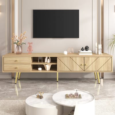 Wishdor Tv-Meubel - 160 Cm - 2 Lades - 2 Deuren Met Schuin Ribbeldesign - 2 Open Vakken - Mdf En Spaanplaat - Houtkleur - Goudkleurige Poten