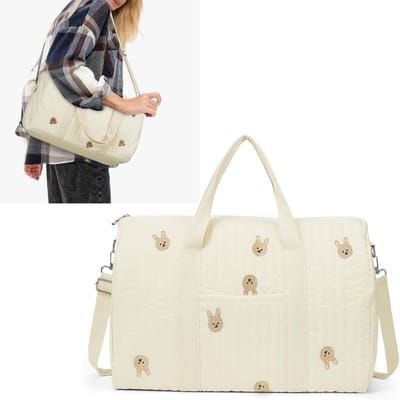 KZQ Luiertas schoudertas verzorgingstas voor baby beige met konijnenprint geborduurd groot grote capaciteit unisex baby tas kraamcadeau