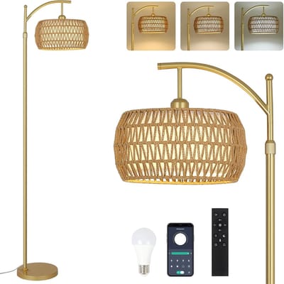 Dimbare Gouden Vloerlamp met Rotan Lampenkap - Moderne Boho Vloerlamp met Afstandsbediening en App