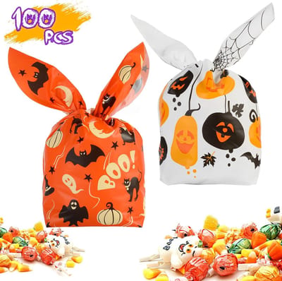 100 stuks Halloween snoepzakjes - Halloween cadeauzakjes - Snoepzakjes - Kindercadeauzakjes - Halloween cadeauzakjes - Koekjeszakjes - Cadeauverpakkingszakjes Perfect voor Halloween, feestjes en feestdagen - Twee stijlen - Oranje en wit