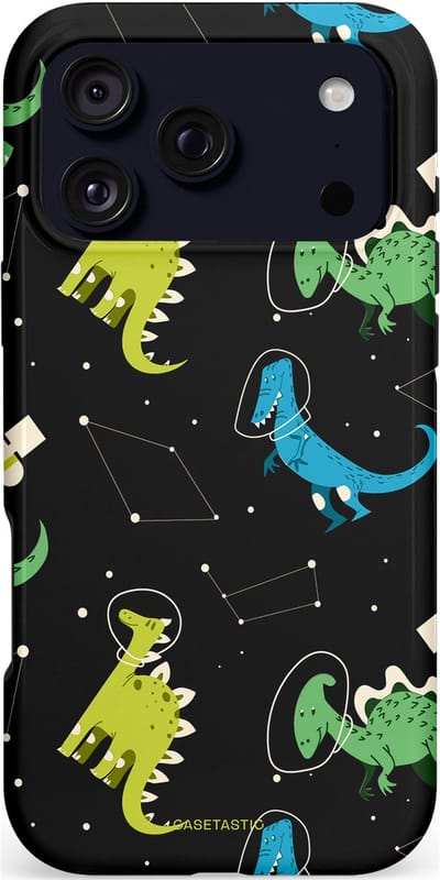 Casetastic hoesje geschikt voor Apple iPhone 17 Pro Max - MagSafe - Dubbellaagse bescherming - Dino in de sterren - Fashion Case - Zwart Groen Blauw