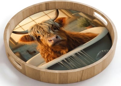 Dienblad rond 40x40 cm - Schootdienblad hout - Schotse hooglander - Bad - Badkamer - Borrelplank rechthoek - Plateau houten dienbladen