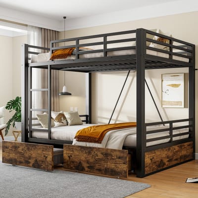 Metalen Stapelbed Met Opbergruimte - Kinderbed 140x200 Zwart Met Lade Ladder Veiligheidsrek