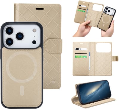 Casemania Hoesje Geschikt voor iPhone 17 Pro - Goud - Luxe 2 in 1 Bookcase - Magnetisch Portemonnee Telefoonhoesje met Pasjeshouder en Standaardfunctie - Kunstleer Wallet Case met Fluwelen Touch - Afneembare Cover geschikt voor MagSafe - Goud