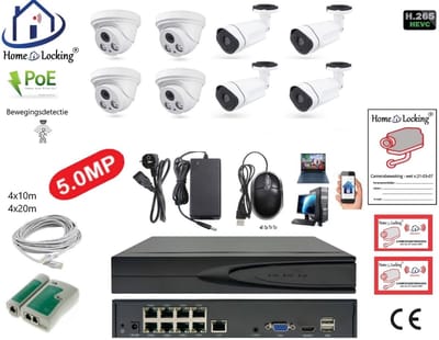 Home-Locking complete set PoE camera beveiligingssysteem met bewegingsdetectie camera's en NVR 8ch 8MP H265 met 4 bullet en 4 dome pvc camera's 1944P 5.0MP CS-8-1435